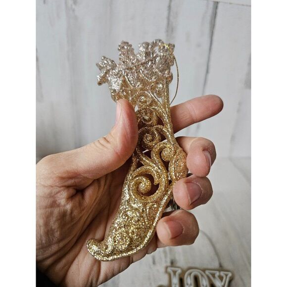 Gold stocking Love joy Xmas decor glitter unique set - Picture 4 of 9